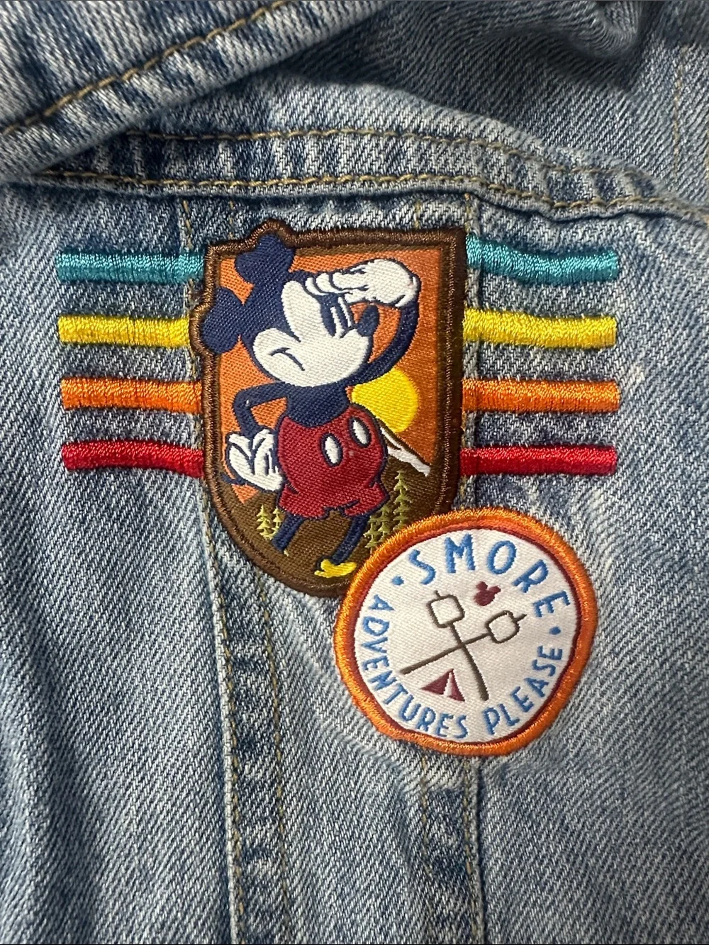 Disney Parks Fort Wilderness Mickey Mouse Hooded Denim Jacket Patches WDW 3